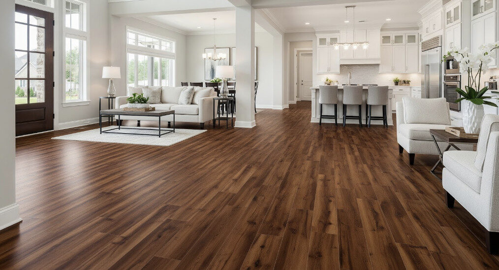 A modern living room featuring luxury vinyl flooring, showcasing realistic wood grain texture and a seamless, stylish finish throughout the space.