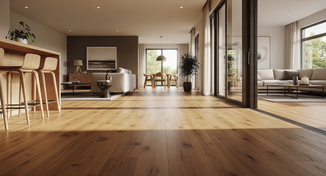 New hardwood residential flooring in a beautifully furnished home.