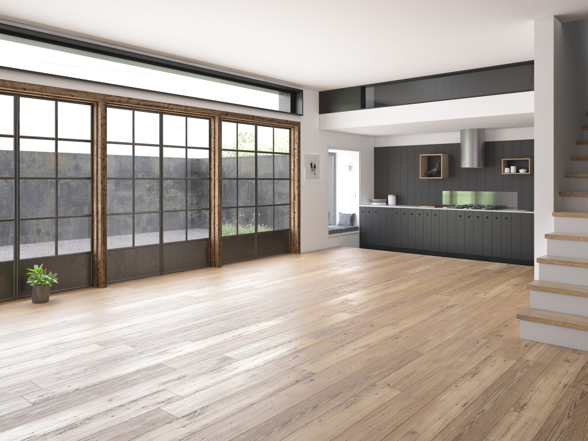 Empty room in a new home with white oak floors.