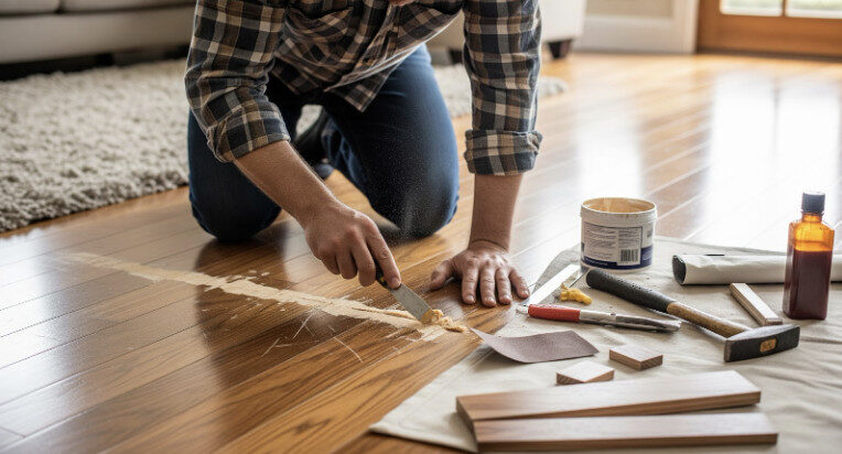 Professional hardwood floor repair inside a home.