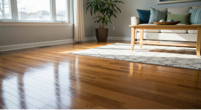 Living room in a home after a professional hardwood floor refresh.